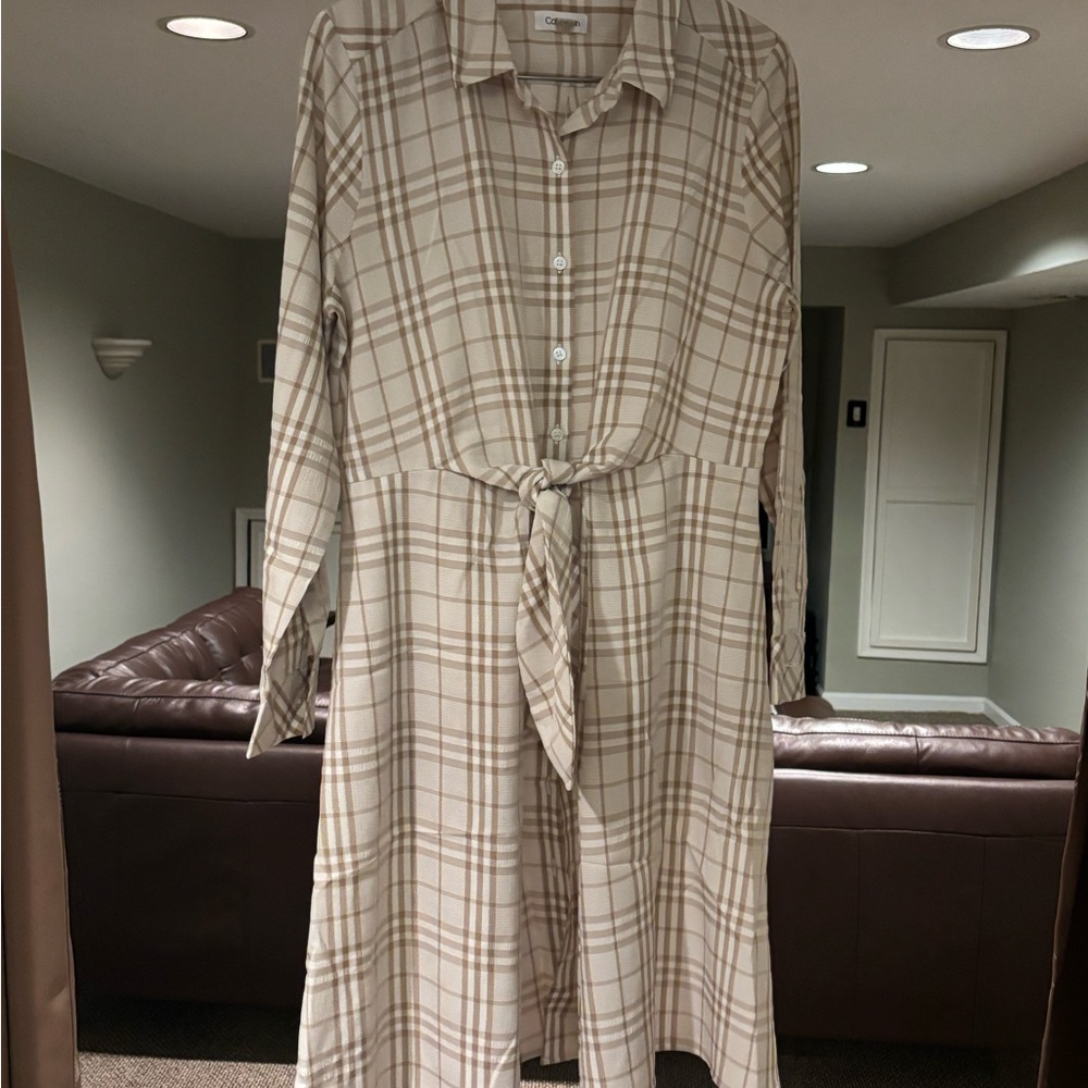 Calvin Klein Tan Cream Long Sleeve Shirt Dress